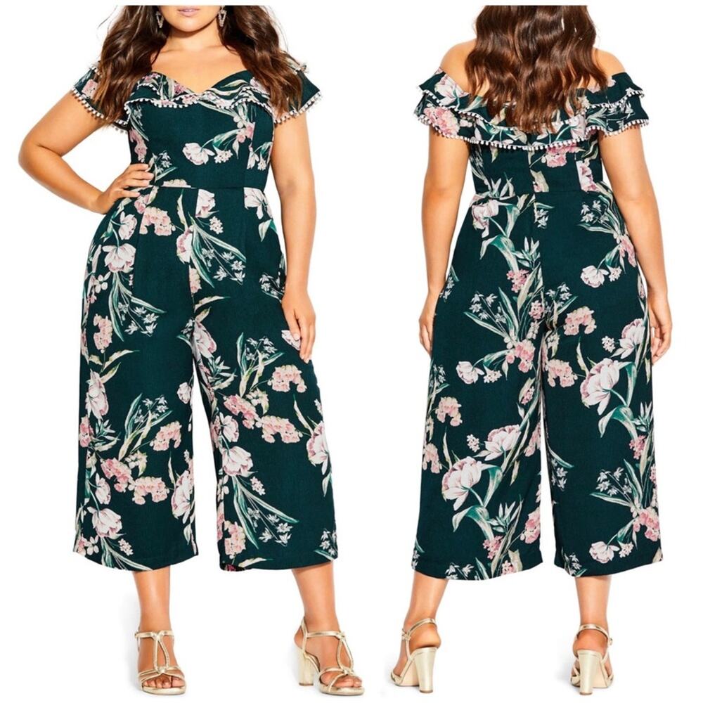NWOT City Chic Fresh Field Floral Off the Shoulder Crop Wide Leg Jumpsuit, XS